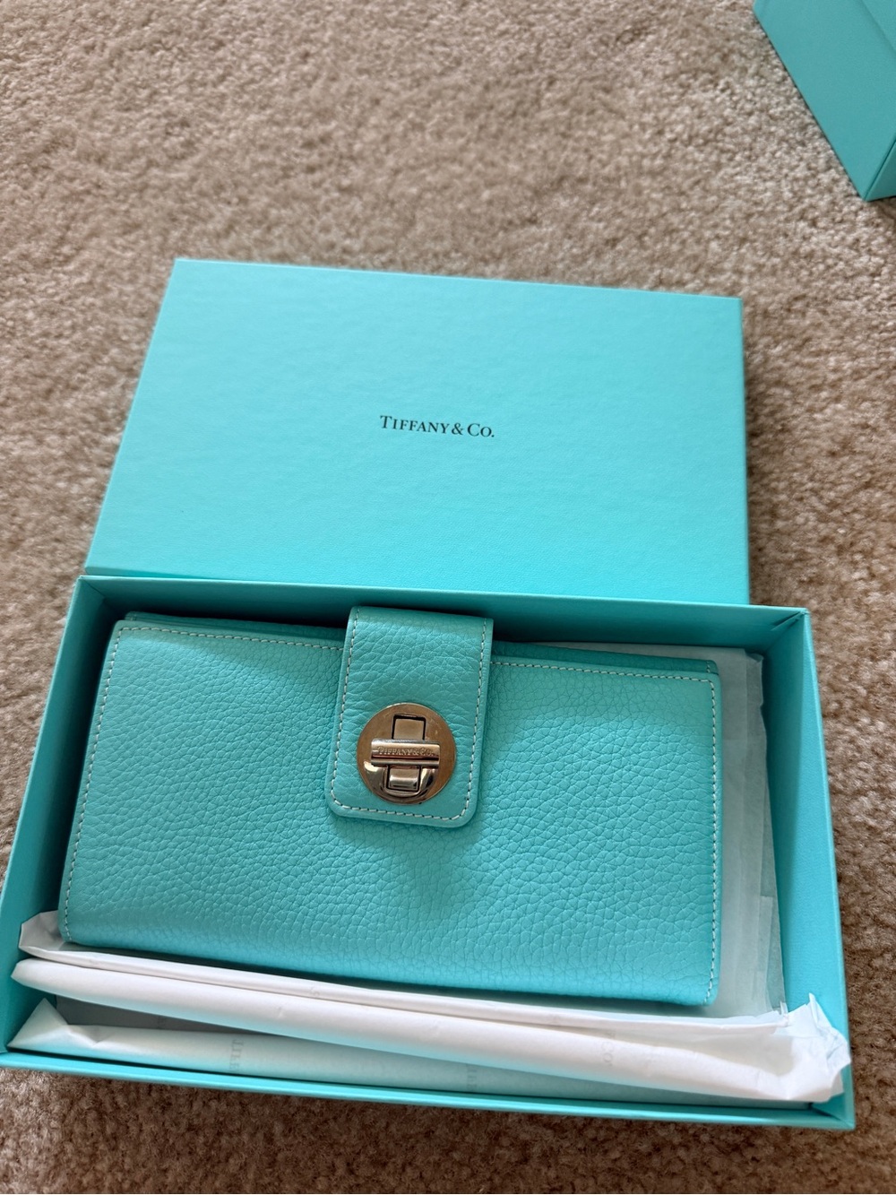 Tiffany & Co. Tiffany Blue Pebbled Leather Wallet with Gold-Tone Turn Lock
